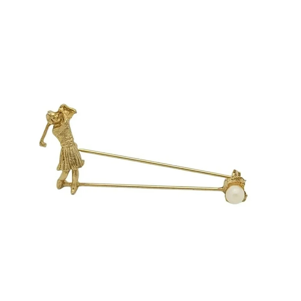 Gold Tone Female Women Golfer Hitting Pearl Ball Brooch Vintage 2.25" Size
